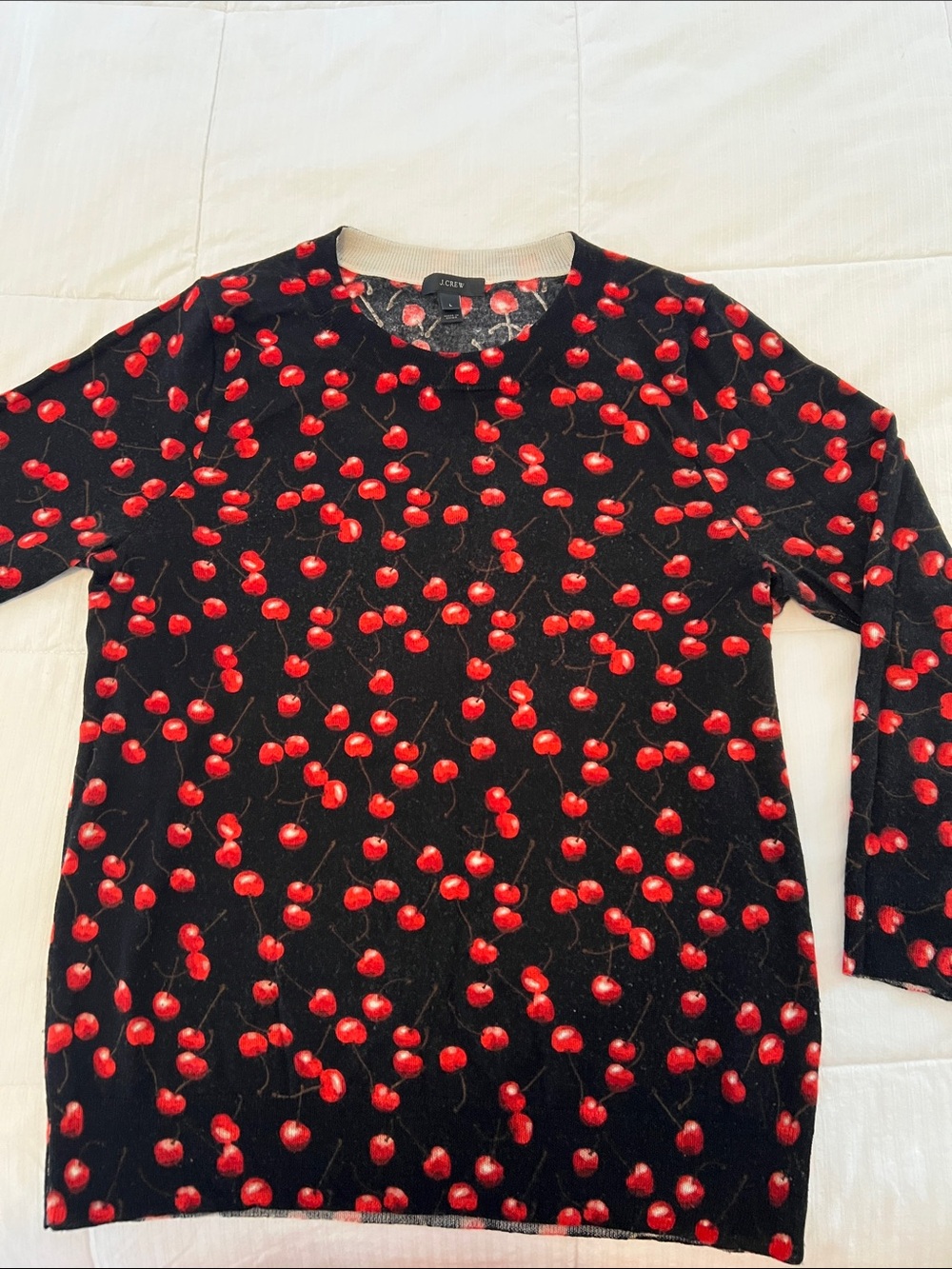 J. Crew soft merino wool Black Sweater with Red Cherry Print
